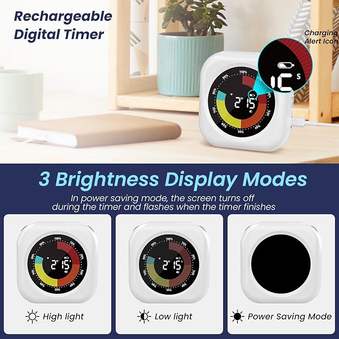 Visual Timer for Kids, 10 Hours Countdown/Up, with Rechargeable, 3 Volume Levels, 3 Brightness Display, and Magnetic, Homeschool Study Tool, Large Digital Timers for Classroom, Kitchen