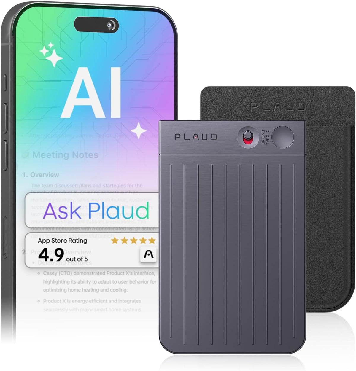 AI Voice Recorder, Note Voice Recorder w/Case, App Control, Transcribe & Summarize with AI Technology, Support 112 Languages, 64GB Memory, Audio Recorder for Lectures, Meetings, Calls, Black