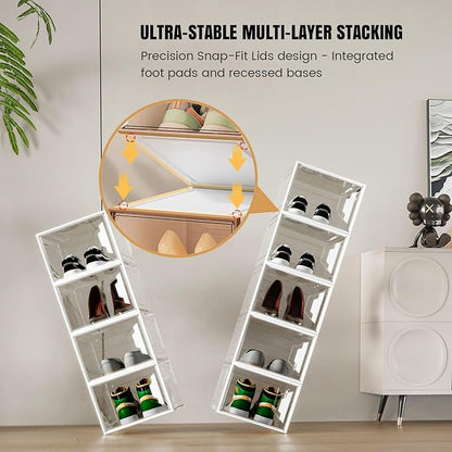 X-Large Stackable Shoe Boxes - Clear Plastic Shoe Storage Boxes with Magnetic Door, Thicken Shoe Organizer for Closet, Space Saving Foldable Shoe Containers Bins for Sneaker Boot - 6 Pack(White)