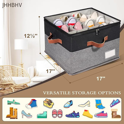 1 Pack Shoe Organizer for Closet, Adjustable Shoe Box Storage Containers, Large Foldable Shoe Bins with Clear Cover, Space Saving Shoes Holder with 4 Handles, Fits 8-16 Pairs, Black