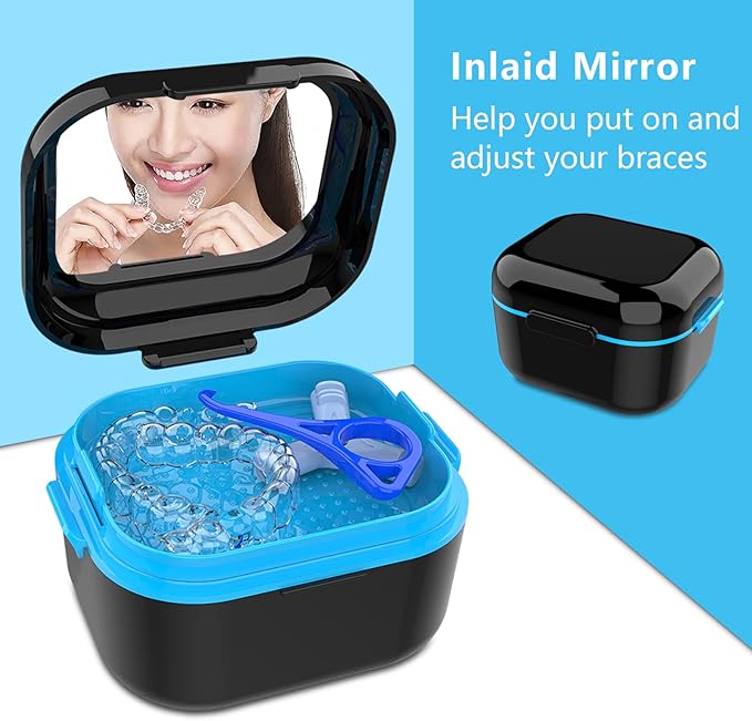 BVN Denture Bath Denture Case: Denture Cup for Soaking Dentures, Retainer Cleaner Case with Mirror, Mouth Guard Case, Aligner Case, Retainer Holder, Night Guard Case, False Teeth Container Black