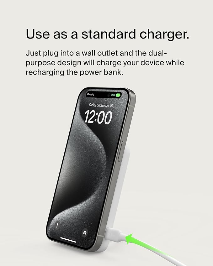 Belkin Portable Charger, Wireless Power Bank 15W 5000 mAh w/ Qi2 - MagSafe Charger w/Built-in Pop-up Kickstand - iPhone 17, Air, Pro, Pro Max, AirPods, Apple Watch, Google Pixel 10, etc. - White