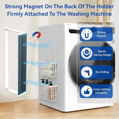 Magnetic Dryer Ball Holder and Magnetic Hanger Holder for Laundry Room Organization and Storage, Magnetic Lint Bin for Laundry Room, Iron Basket Dryer Ball Container for Laundry Room Storage (White)