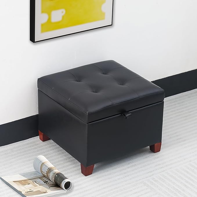 Adeco Faux Leather Storage Ottoman with Hinged Lid, 14 Inch High Black Square Cube Foot Stool with Storage, Upholstered Vanity Stool with Solid Wood Legs for Living Room, Bedroom, Dorm