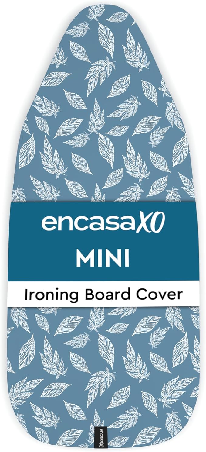 Encasa XO Ironing Board Cover and Pad 28"x12" - Thick 3mm Felt Padding, Drawstring Tightening & Lock, Easy Fit, Scorch & Stain Resistant, Fits Mini Ironing Board - Big Leaves Blue