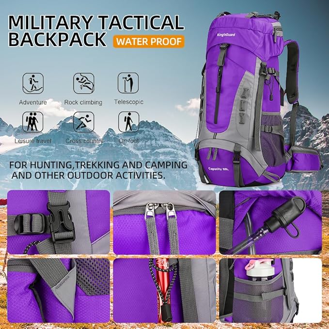 King'sGuard 60L Hiking Backpack Lightweight Camping Backpack with Rain Cover Large Waterproof Packable Outdoor Trekking Travel Backpack for Men Women (Purple)
