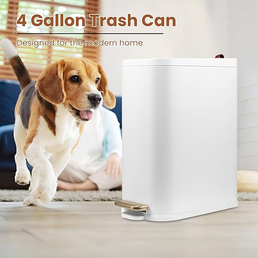 BETHEBEST Bathroom Trash Can with Lid,Stainless Steel Garbage Can with Removable Inner Bucket,Soft Close,Step Pedal,15 Liter/4 Gallon Trash Can for Bathroom,Bedroom,Kicthen,Office(White)