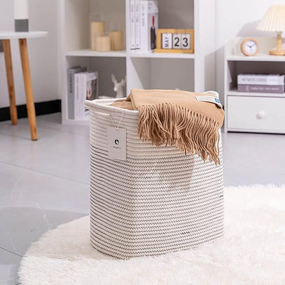 Medium and Large Woven Basket//With Handle, Used for Toys and Fabric Storage Basket used for Storing xl Storage Box, Decorative Storage Box Room (14L*15.7H I White/Black Line, 14L*10W*15.7H)