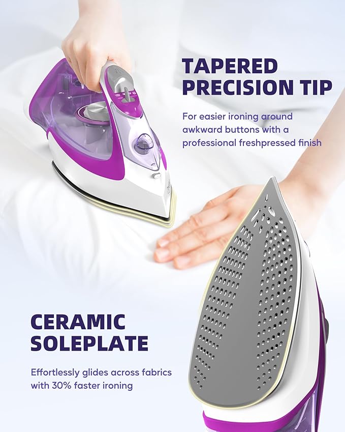 Steam Iron for Clothes, 1750W Iron with Rapid Heating, Non-Stick Ceramic Soleplate, Powerful Steam, Self-Cleaning, Auto-Off, Anti-Drip, 15.21oz Water Tank Ironing Clothes for Home, Purple
