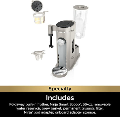Ninja Pod & Grounds Specialty Single-Serve Coffee Maker, K-Cup Pod Compatible, Brews Grounds, Compact Design, Built-In Milk Frother, 56-oz. Reservoir, 6-oz. Cup to 24-oz. Mug Sizes, Stone, PB051ST