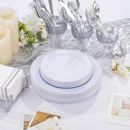 SUT 350 Piece Silver and White Plastic Dinnerware Set