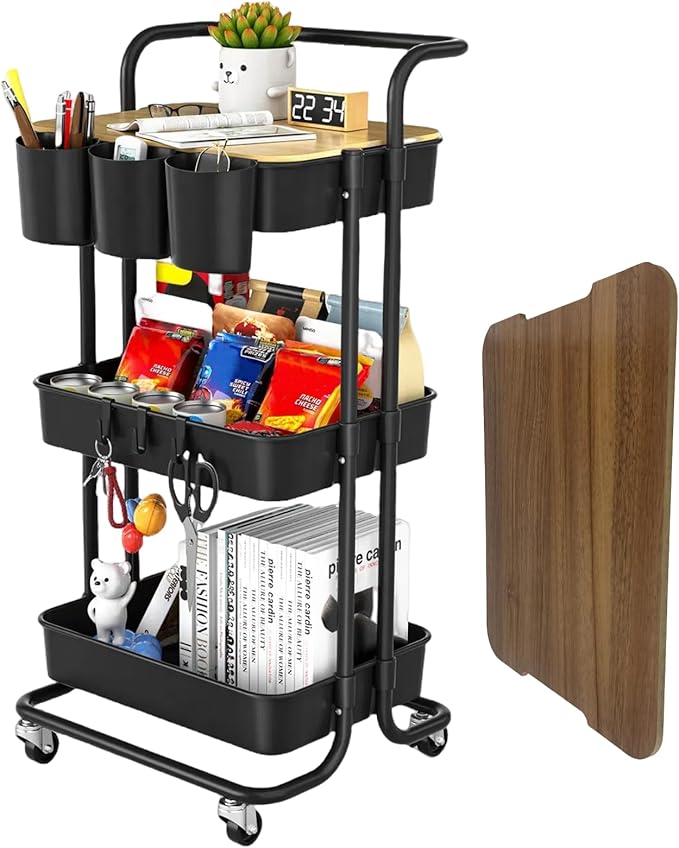 3 Tier Rolling Cart with Metal Handle, Table Top, Hanging Cups, Hooks, Plastic Storage Baskets& Wheels Lockable, Utility Cart for Bathroom Classroom Office Kitchen Pantry Organizers and Storage, Black