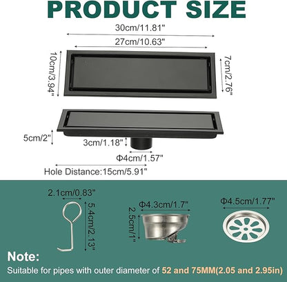 uxcell Rectangular Shower Drain, Brushed 304 Stainless Steel Odor-Proof Floor Drain Linear Shower Drain Hair Catcher for Bathroom Kitchen and Laundry Room(12 Inch, Black)
