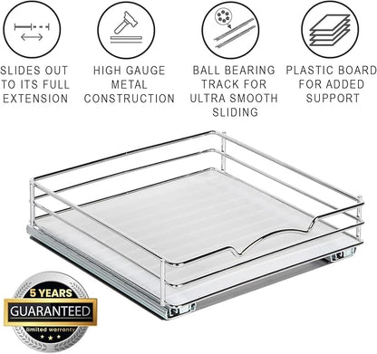 Pull Out Cabinet Organizer for Spices, Cans - Heavy Duty with Lifetime Limited Warranty- Pull Out Spice Rack- Cabinet Pull Out Shelf for Cans,Dishes, Etc, 10"W x 10"D x 2-1/8 H, Chrome