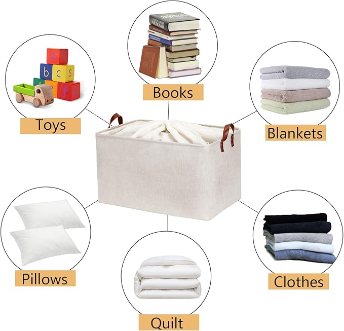 DULLEMELO Large Beige Storage Basket 70L Oversized Canvas Fabric Storage Bin, Collapsible Rectangular Toys Basket Organizer with Handles, 22X15 Storage Container for Clothes, Blankets, Pillows