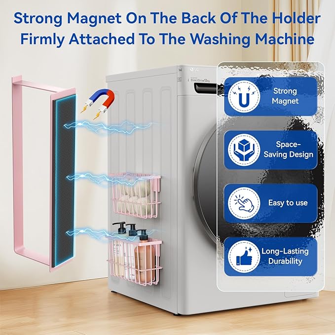 Magnetic Dryer Ball Holder and Magnetic Hanger Holder for Laundry Room Organization and Storage, Magnetic Lint Bin for Laundry Room, Iron Basket Dryer Ball Container for Laundry Room Storage (Pink)