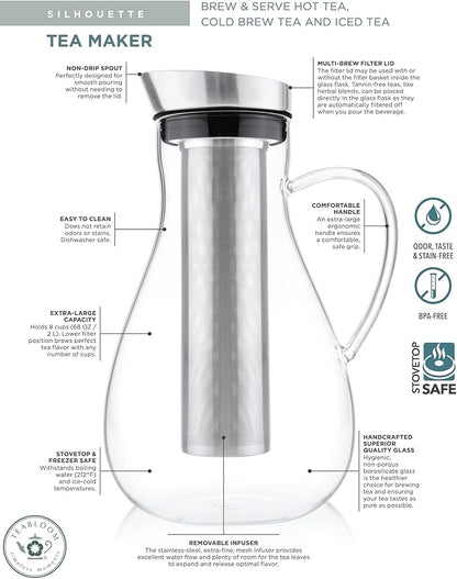 Teabloom Large Multi-Brew Glass Teapot + Kettle + Pitcher (68 OZ / 2.0 L / 8 CUPS) – Brew and Serve Hot Tea, Iced Tea, Cold Brew Tea and Fruit Infused Water – Silhouette Tea Maker