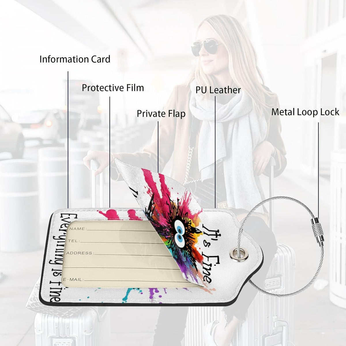 2 Pack Luggage Tags for suitcases Funny Cute I'm Fine It's Fine Luggage Tag, Leather Stainless Steel Loop Label Tag for Men Women Travel Bag Suitcase(White Fine)