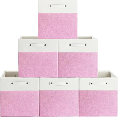 13 x 13 Inch Fine Linen Storage Bins with Handles，Fabric Cube Boxs，Collapsible Basket Organizers for Shelves for Home, Closet Drawers (White/Pink-6 Pack)