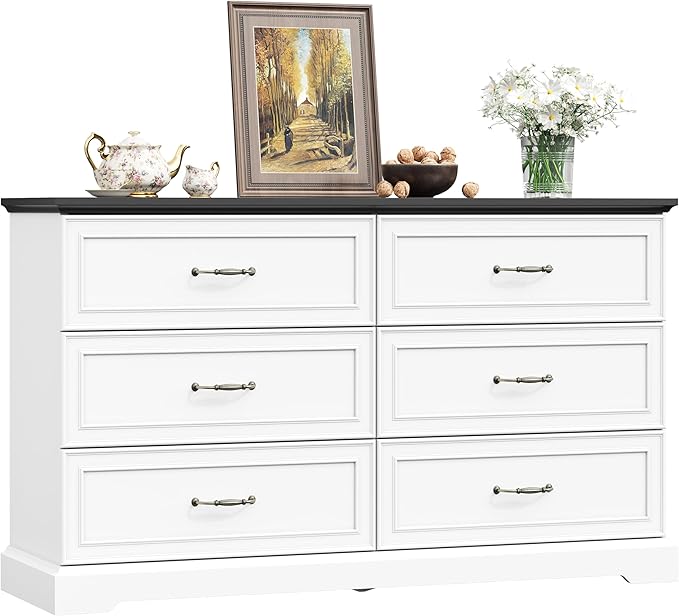 6 Drawer Dresser for Bedroom, 53" Wide Wooden Chest of Drawers, Rustic Farmhouse Dresser with Large Drawers & Metal Handles, Modern Storage Organizer for Closet, Living Room, Hallway, White