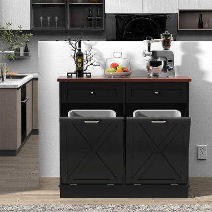 Betterhood Double Tilt Out Trash Cabinet 20 Gallon Wooden Free Standing Laundry Sorter Cabinet,Recycling Cabine with Hideaway Drawer,Tilt Out Trash Cabine Can Bin Kitchen (Black)