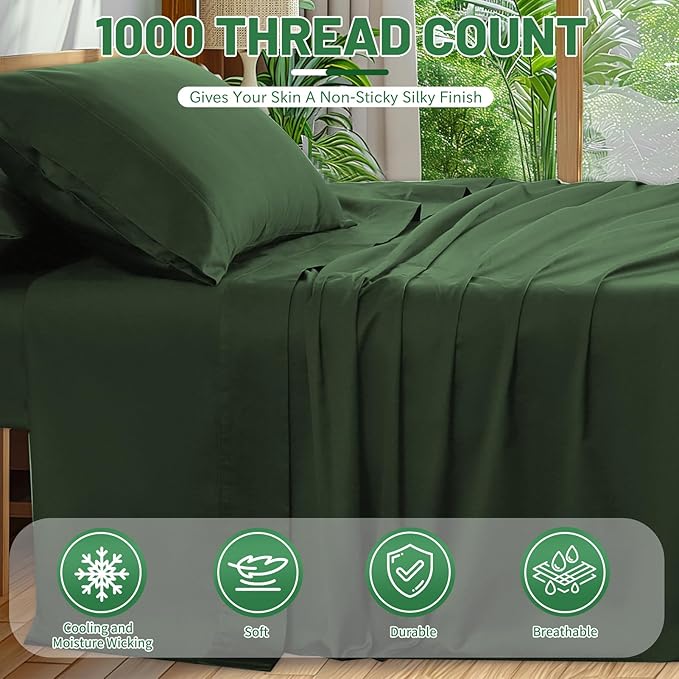 100% Egyptian Cotton Sheets Cal King Sheet Set 1000 Thread Count Sateen Weave Soft Breathable 16-Inch Deep Pocket 4PCS（California King,Forest Green）