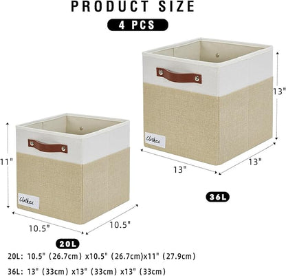 Collapsible Fabric Storage Cube Bins with 2 Reinforced PU Handles, Foldable Storage Organizer Baskets for Closet, Shelves, Living Room | 11"x11"x11", 4 Pack, Beige & White