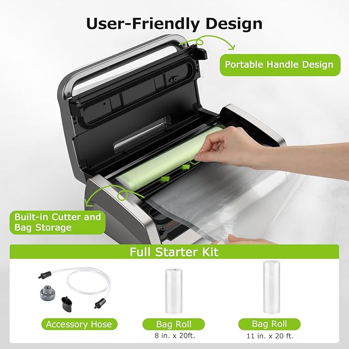 Bonsenkitchen Vacuum Sealer Machine, Powerful Low-Noise Food Vacuum Sealer, Globefish Technology for High-Speed Continuous Working (Full Silver)