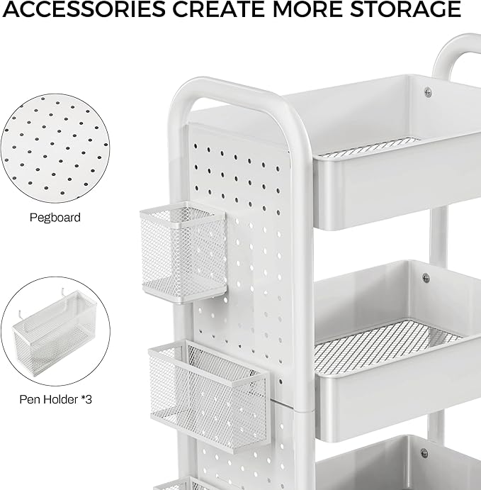 DESIGNA 3-Tier Rolling Cart, Utility Cart with Handle, Extra 3 Storage Accessories, Removable Pegboard, Easy Assembly Craft Carts for Kitchen, Bathroom, Office, Metal, White