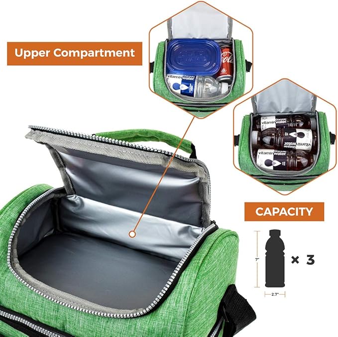 OPUX Lunch Box For Men Women, Insulated Large Lunch Bag Adult Work, Double Decker Lunchbox Meal Prep, Dual Compartment Leakproof Lunch Cooler, Soft Lunch Pail Tote Boys Girls Kids School, Green 12L