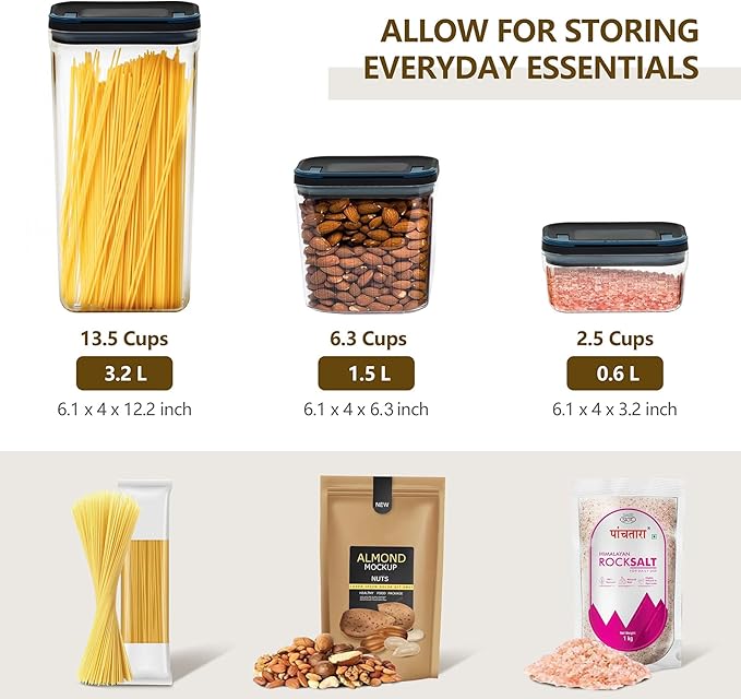 Flip-Lock Airtight Food Storage Containers 6-PC (0.6 Qt*2+1.6 Qt*3+3.4 Qt),Leakproof Ring Seal Top,Anti-Slip Pantry Canister for Flour Sugar,Coffee,Dog Food Treat,Rectangle Black