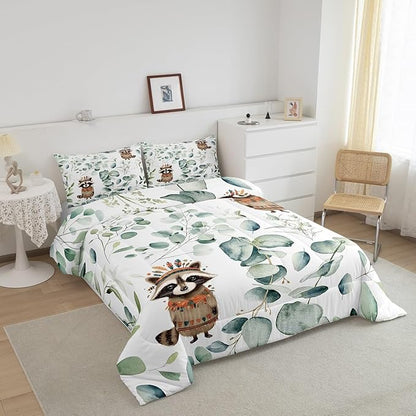Erosebridal Cute Raccoon Toddler Size Comforter Set for Kids Child Green Eucalyptus Bedding Set, Woodland Animal Down Comforter Botanical Plant Leaves Bed Set, Cartoon Wildlife Quilted Duvet