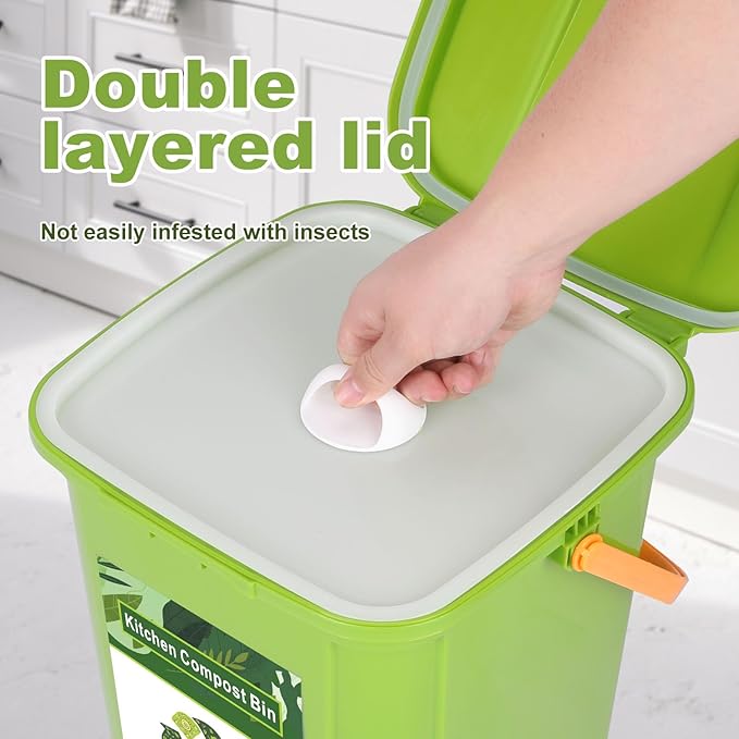 Compost Bin Outdoor, 21 L Garden Composting Bin Bags, Breathable Screen Window Reusable Garden Yard Waste Bags Speed Up Composting & Reduce Odors, Indoor Small Kitchen Compost Bin with Lid, Green