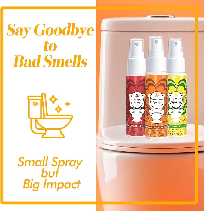 Toilet Spray for Poop 3 Pack, Travel Size Variety, Bathroom Odor Eliminator - Pumpkin Lemon Cinnamon