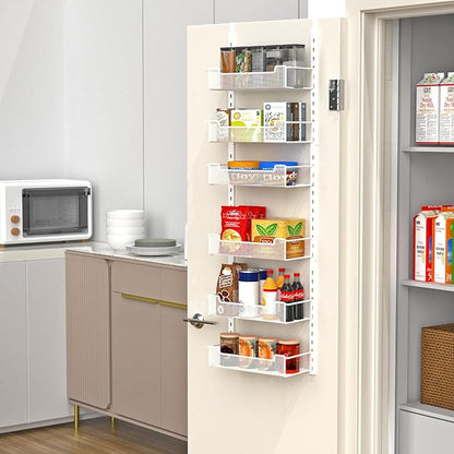 12.3" W Narrow Over the Door Pantry Organizer, 6-Tier Over the Door Organizer with Adjustable Basket, Pantry Door Organization for Pantry Kitchen Storage Room Spice Rack, White