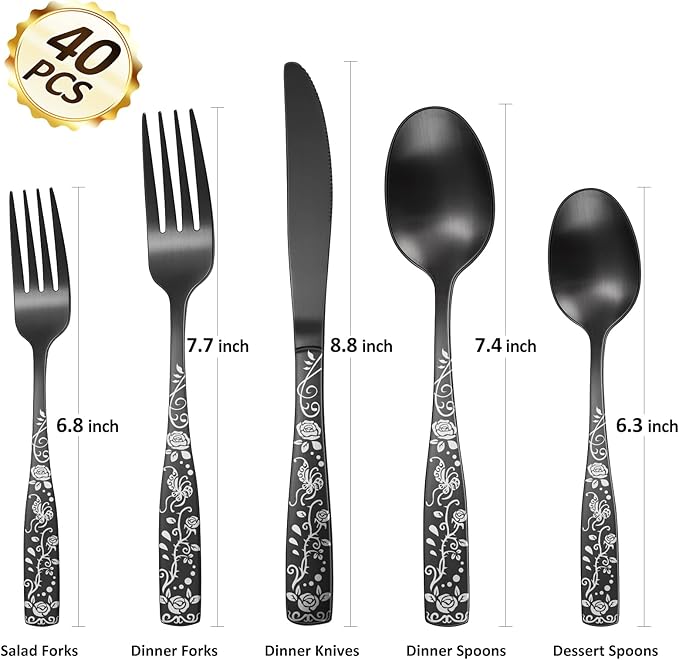 Matte Black Rose Flower Pattern Silverware Set