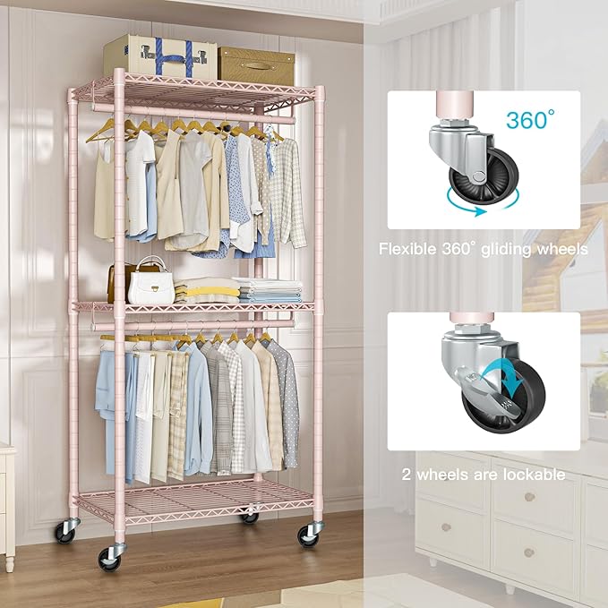 FUTASSI P1 Medium Heavy-Duty Portable Closet, 30" W x 14" D x 76" H, Metal Rolling Clothing Rack, Pink