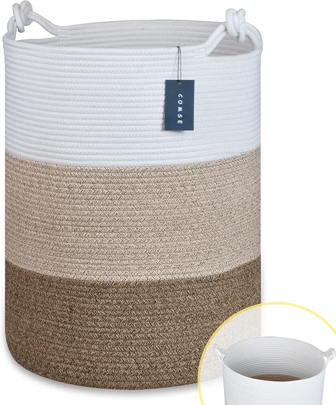COMSE Extra Large Blanket Basket, Tall Woven Storage Basket, Nursery Hamper, 15.7”x 21.7”, Cotton Rope Laundry Hamper for Toys Clothes Towels, White/Gradient Brown