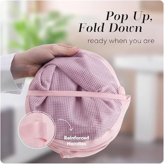 Handy Laundry Collapsible Mesh Pop Up Hamper with Wide Opening and Side Pocket - Breathable, Sturdy, Foldable, and Space-Saving Design for Clothes and Storage (Pink)