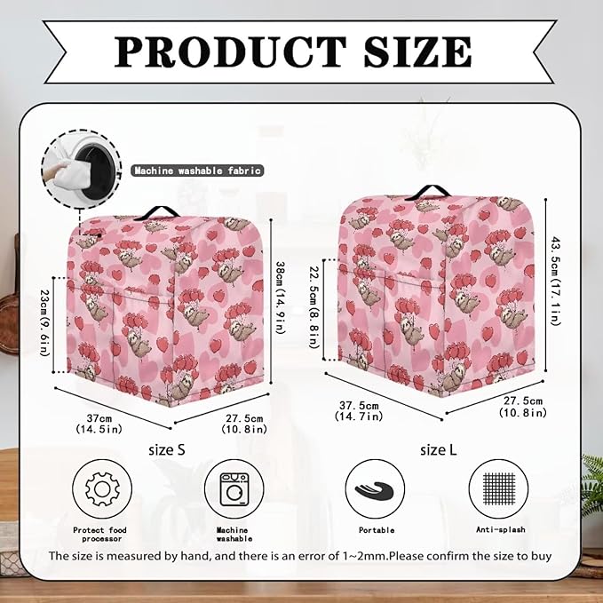 Funny Sloth with Hearts Mixer Cover Stand Mixer Dust Proof Covers with Handle and Front Pockets Kitchen Aid Mixer Cover for 6-8 Qt Mixer,Kitchen Coffee Maker Toaster Machine Dust Cover