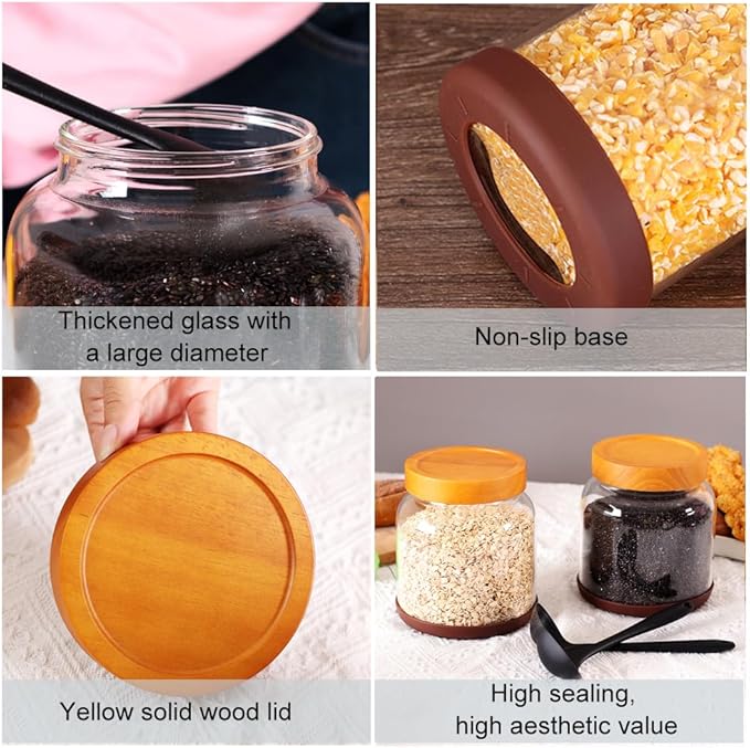 SAIOOL Large Capacity Screw Glass Food Storage Jars (Set of 2) - Diam 15cm x H16cm 2000ML Kitchen Canisters for Flour, Rice, Pasta, Leakproof Design with Yellow Wood Lid & Accessories