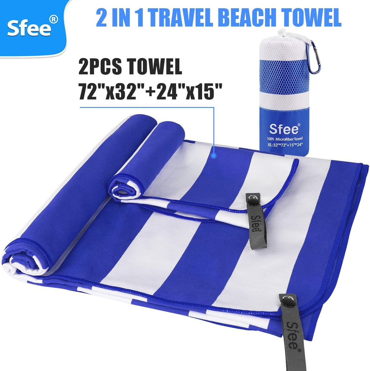 Sfee 2 in 1 Microfiber Oversized Beach Towel, Quick Dry Towel Travel Camping Towel Super Absorbent Compact Lightweight Sports Gym Towels for Beach,Gym, Hiking, Pool, Backpacking, Bath, Yoga