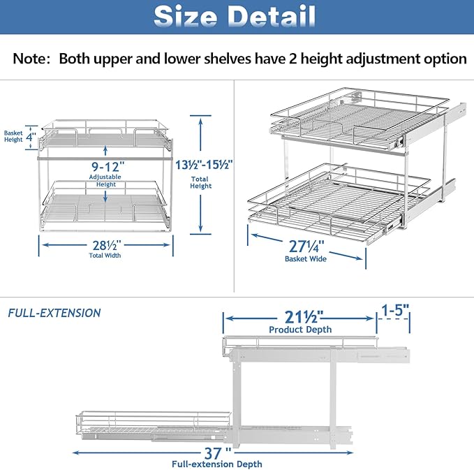2 Tier Individual Pull Out Cabinet Organizer 28½" W x 21½" D, Heavy Duty Cabinet Pull Out Shelves, Slide Out Drawers Organization for Kitchen Cabinets Bathroom