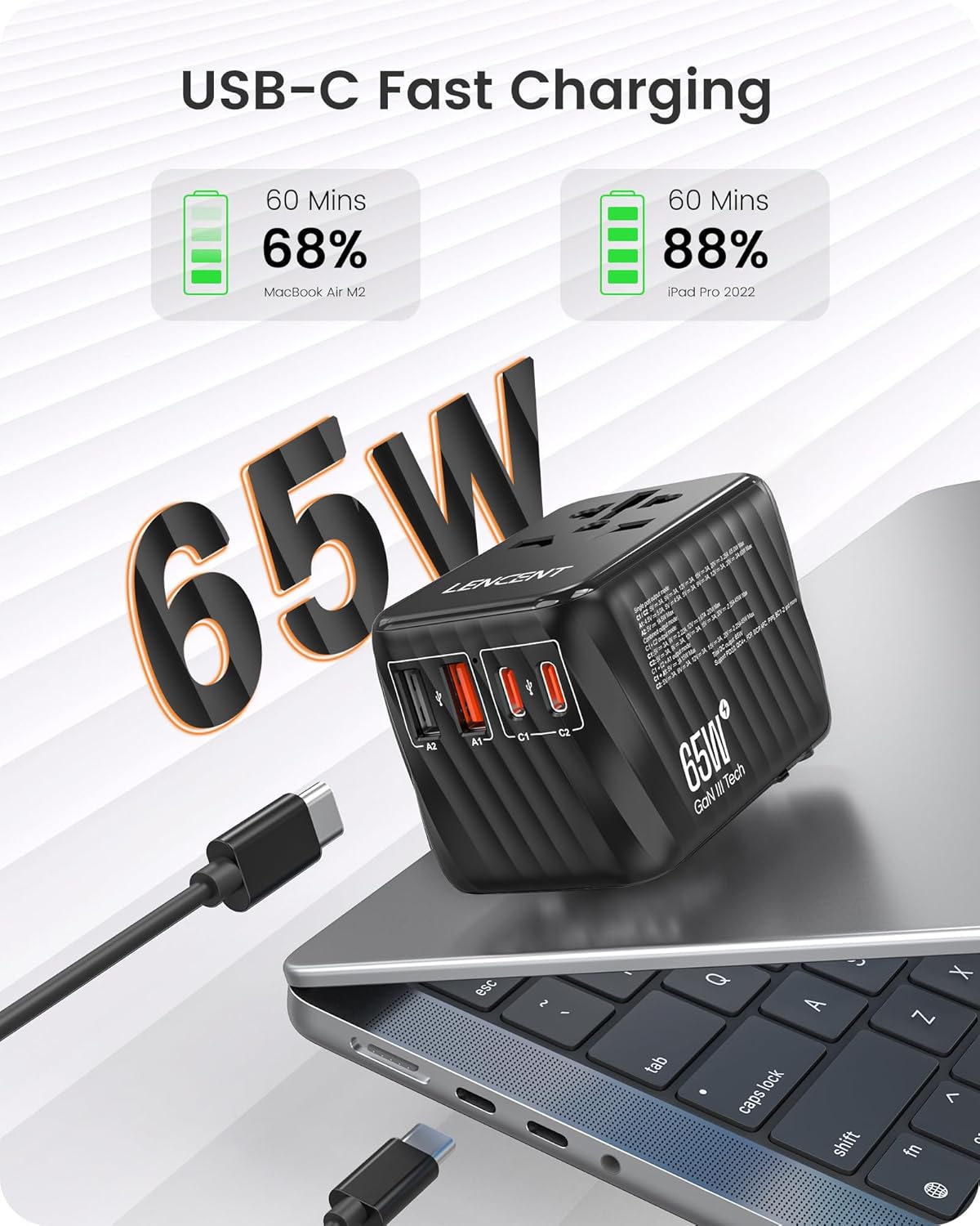 LENCENT Universal Travel Adapter, 65W GaN International Fast Charger with 2 PD3.0 Type C+2 QC USB A, Worldwide Power Adaptor for Phones,Laptops, All in One Travel Essentials for EU/USA/UK/AU, Black