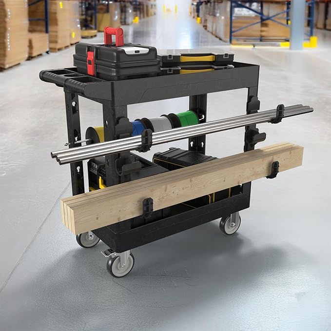 Heavy Duty Rolling Utility Cart with Wheels 2-Tier Utility Plastic Service Work Cart for Shop, Garage, Warehouse, Maintenance 550 lbs