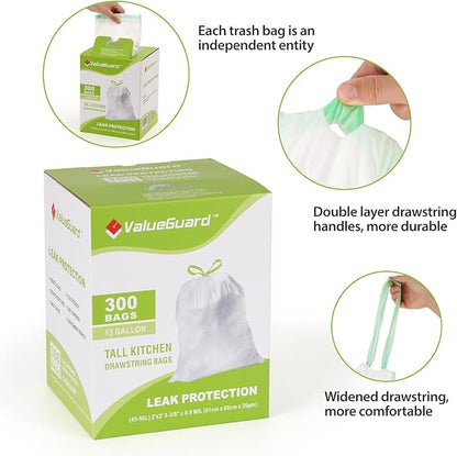 Large Trash Bag 13 Gallon Tall Drawstring 100% Post-Consumer Recycled Garbage Bag Waste Bag for Kitchen Office 0.8 Mil (300 Count)
