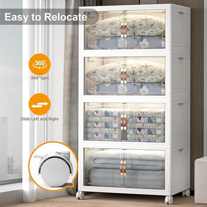 Extra Large Stackable Storage Bins with Lids & Wheels & Door, 1280QT-160QT/40GAL*8Pack Foldable Collapsible Closet Organizers, Plastic containers drawers for bedroom Dorm