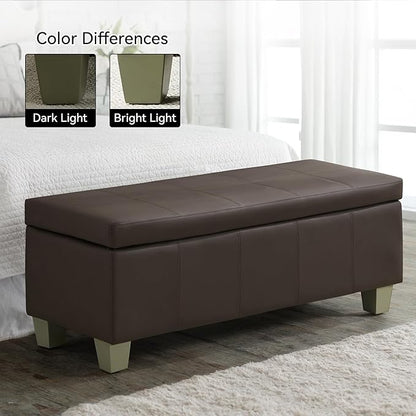 41" Faux Leather Storage Ottoman, Stitch Tufted Rectangle Upholstered End of Bed Storage Bench, Entryway Large Couch Ottoman with Wooden Legs,Brown