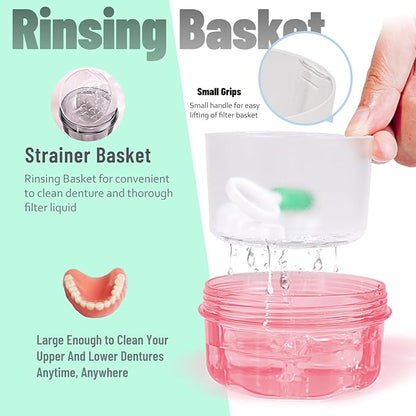 No Leak & Non-Slip Partial Denture Case Retainer Bath Box Cup, Denture Soaking Cup False Teeth Holder Box Case with Strainer Basket and Brush,Dishwasher safe - Transparent Pink