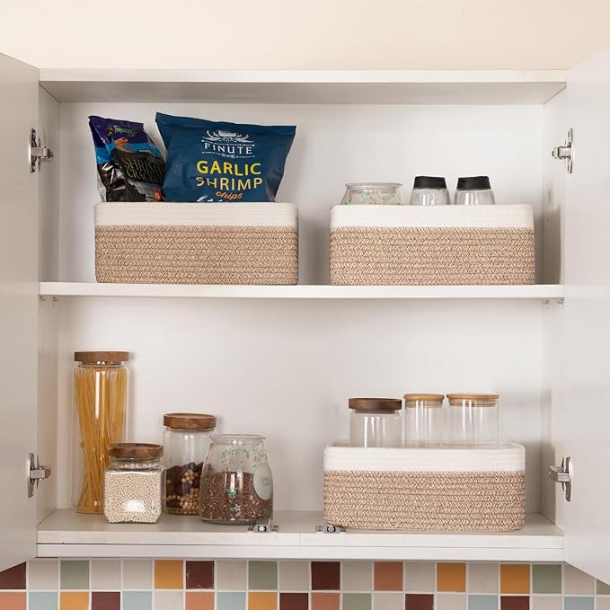 3 Pack Small Storage Baskets for Organizing, Cute Woven Decorative Gift Baskets for Shelves, Mini Closet Organizer Bins with Handles-13''Lx8.66''Wx5.11''H-Brown and White